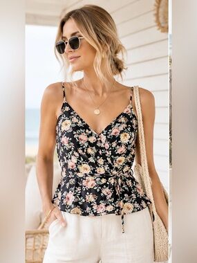 Monteau Los Angeles Floral Wrap Peplum Tank Top Size Large coastal grandma